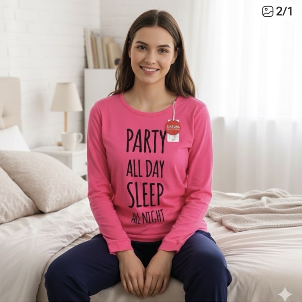NWT Afrodita  pink/blue 2 pc PJ set; “Party all day sleep all night” print, S